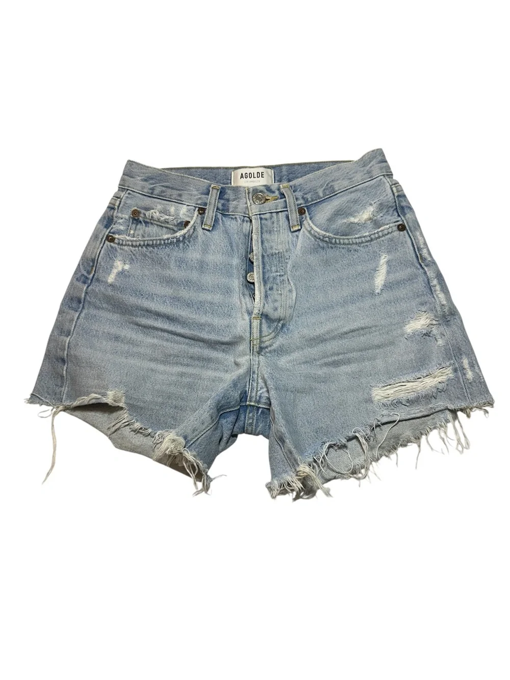 New AGOLDE Parker Long Distressed Denim Shorts Light Wash 100% Cotton